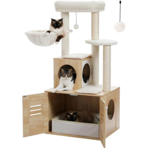 Arbre à chat design en bois et robuste couleur beige