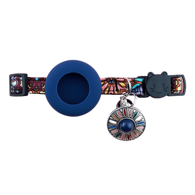 Collier airtag pour chat anti-étranglement floral bleu marine