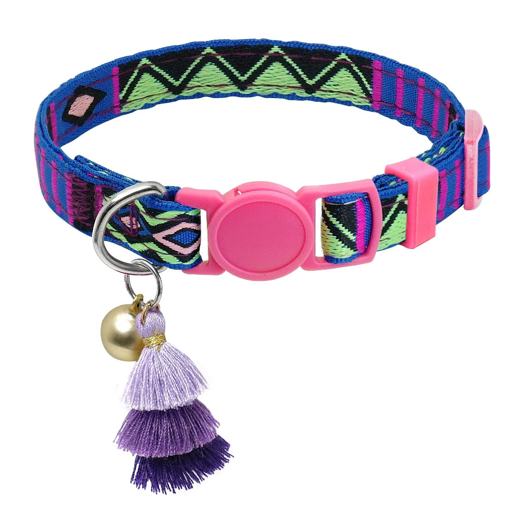 Collier anti-étranglement pour chat bleu et rose avec pompon