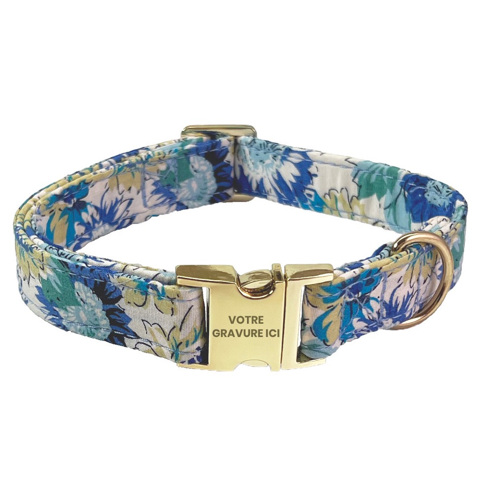 Collier personnalisé pour chat motif floral bleu vibrant