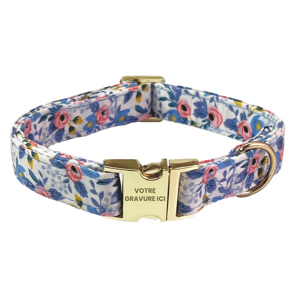 Collier pour chat personnalisé style floral bleu