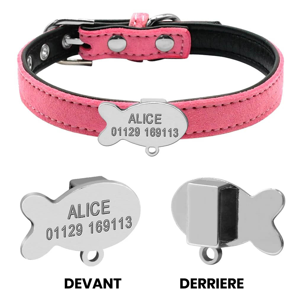 Collier personnalisé pour chat médaille argentée poisson Collier personnalisé pour chat médaille argentée poisson